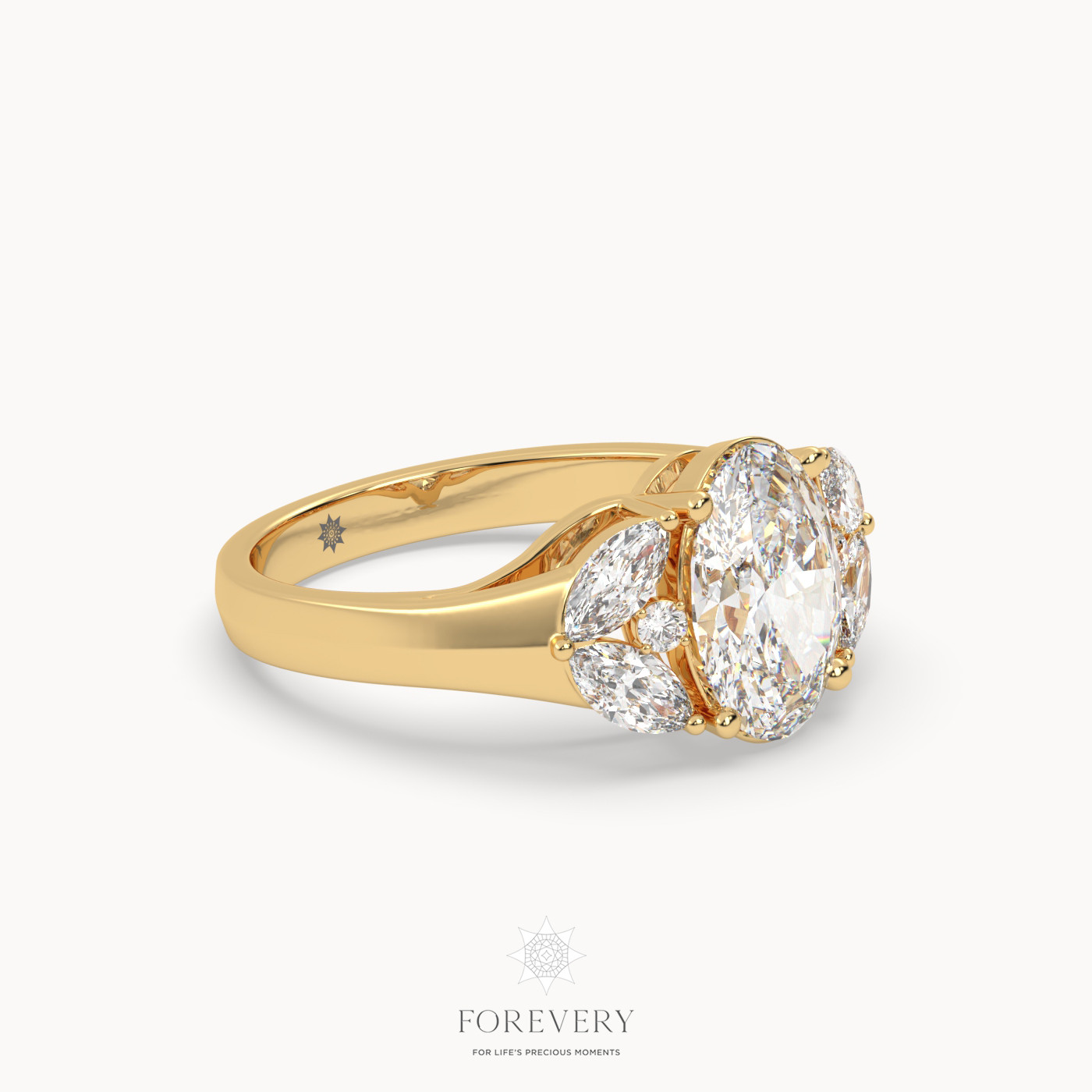 18K YELLOW GOLD Oval Cut Designer 3 Row Diamond Engagament Ring