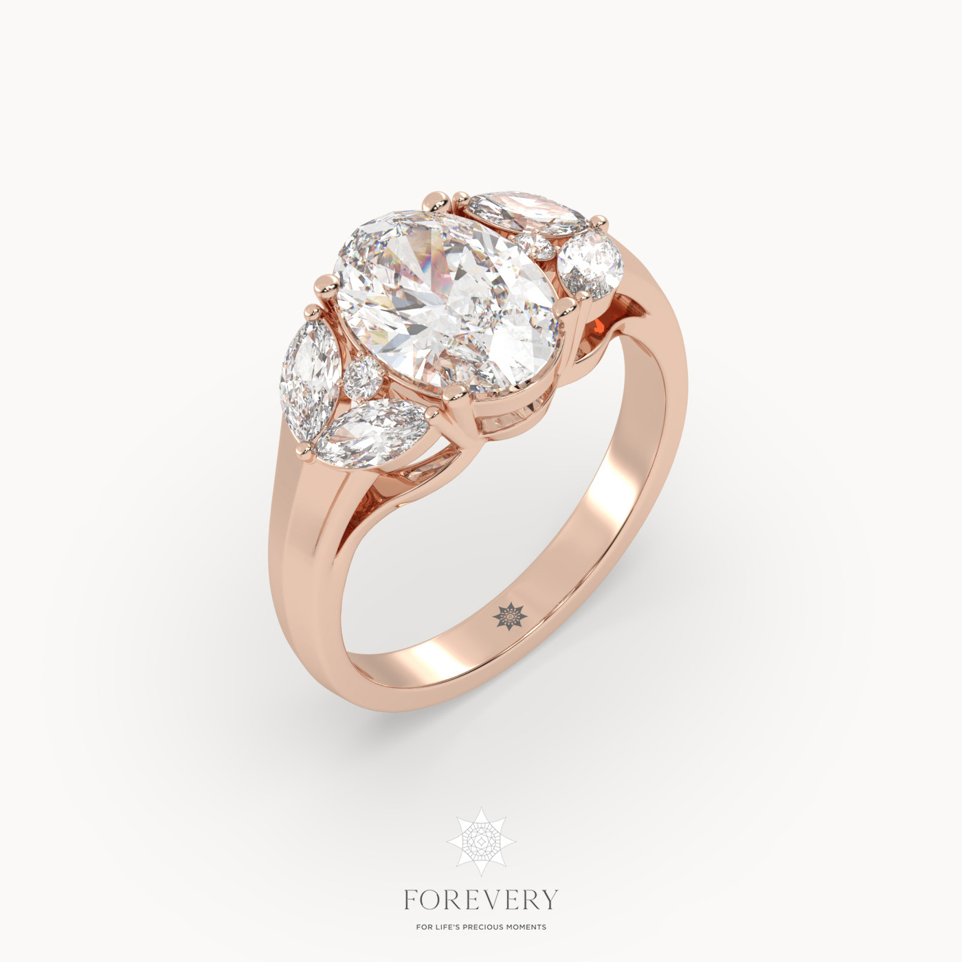 18K ROSE GOLD Oval Cut Designer 3 Row Diamond Engagament Ring